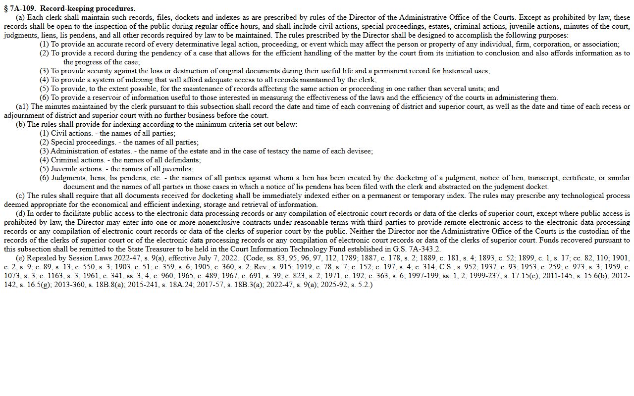 Henderson County Clerk of Superior Court G.S. 7A-109 records statute