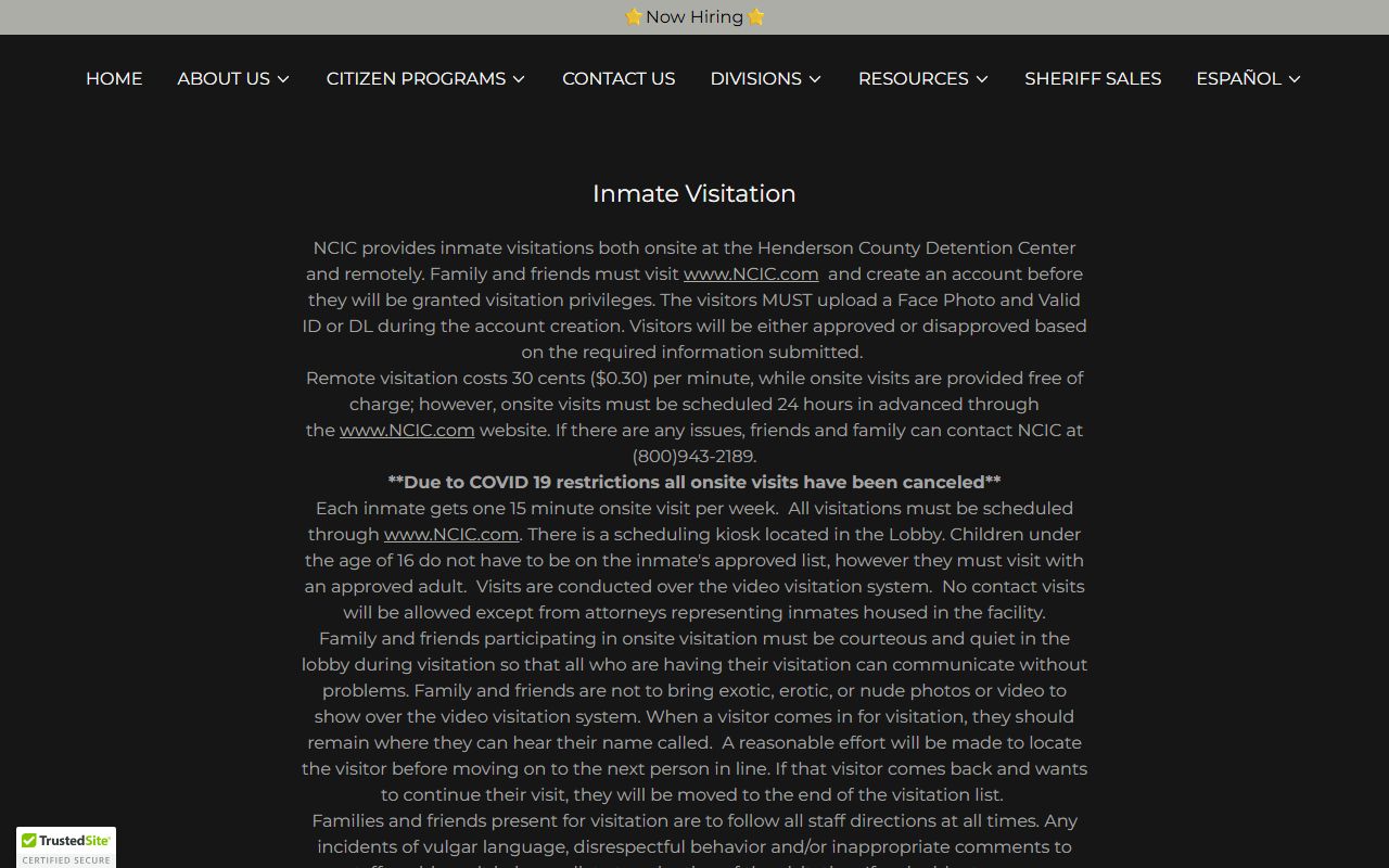 Henderson County inmate records visitation rules