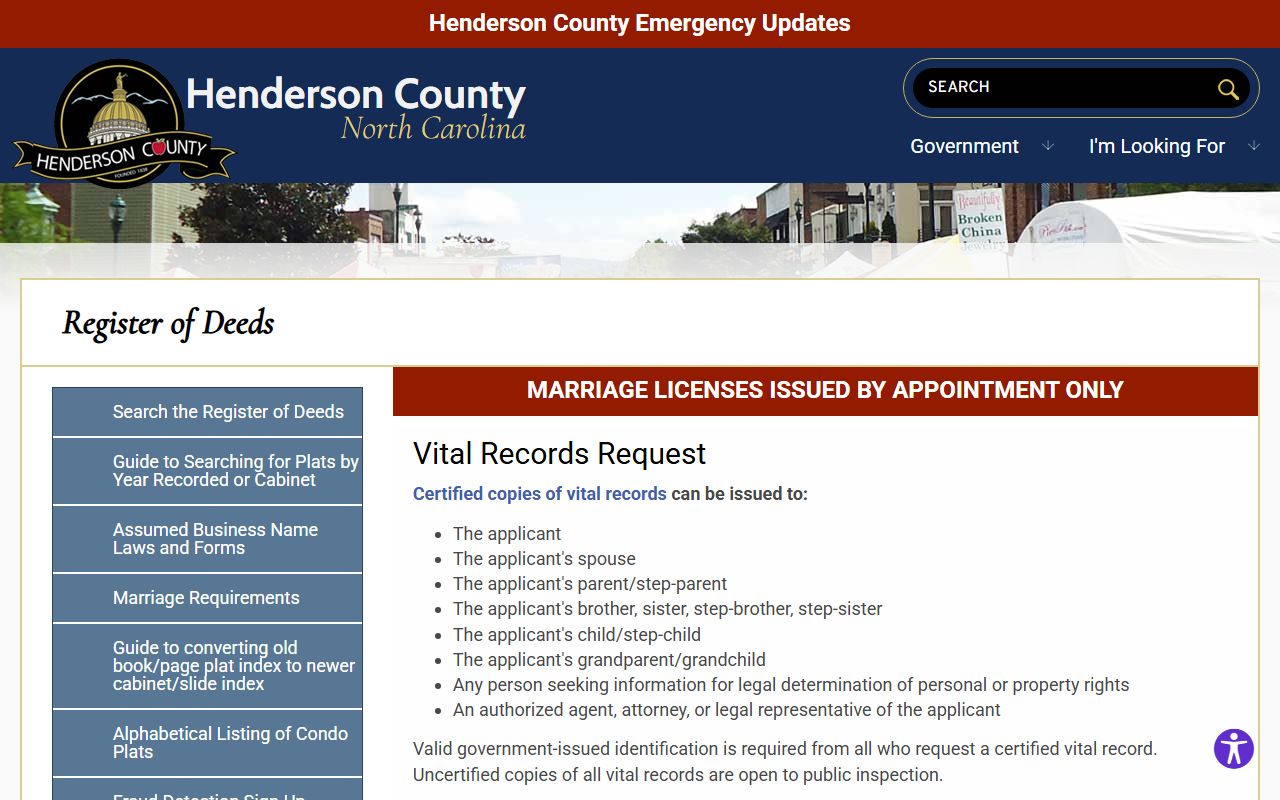 Henderson County marriage records vital records request page