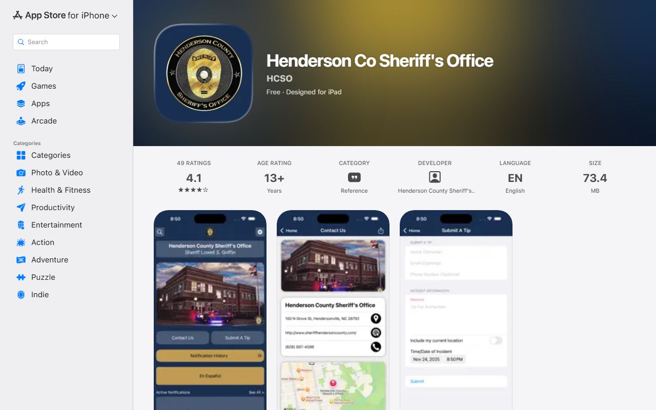 Henderson County warrant records sheriff app Apple listing